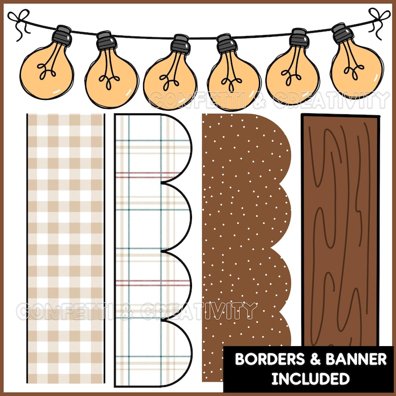 Op de afbeelding: Digitale grafische ontwerpelementen met lichtslingers, ruitjes, stippen en houtnerfpatronen. De afbeelding bevat de tekst "Borders & Banner Included" en "Confetti & Creativity".