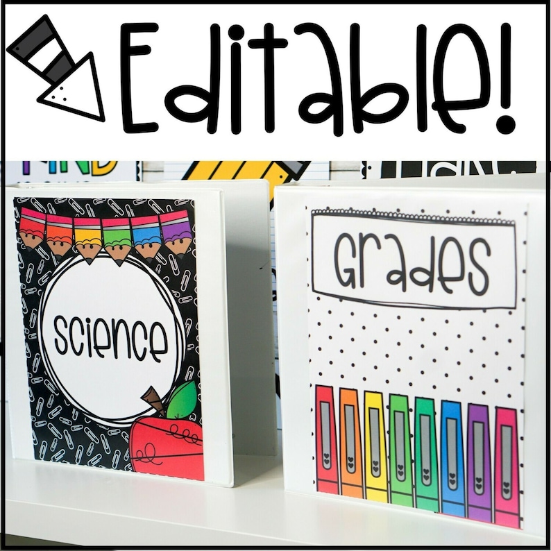 May include: Two white binders with colorful labels. The left binder has a black and white background with a red apple and the word "science" in a circle. The right binder has a white background with black polka dots and the word "grades" in a black rectangle. The binder has a row of colorful markers on the bottom.