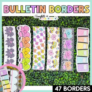 May include: A collection of six vertical bulletin board border strips featuring colourful school-themed patterns including bows, pencils, school buses, and composition notebooks. The text BULLETIN BORDERS and 47 BORDERS is visible.