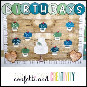 May include: A classroom notice board with the word "BIRTHDAYS" in green and blue circles at the top.  The board is decorated with a wooden plank background and cupcakes with different coloured frosting and sprinkles representing each month of the year.  The board also has two heart-shaped cutouts with a wood grain pattern.
