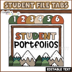 Puede incluir: Un organizador de archivos digitales con el texto "STUDENT FILE TABS" en la parte superior. El organizador tiene pestañas numeradas y una sección etiquetada "STUDENT PORTFOLIOS" con un diseño de montaña y árbol. El texto "EDITABLE TEXT" está en la parte inferior.