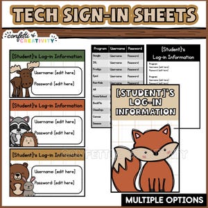 Könnte beinhalten: Technische Anmeldeformulare mit dem Text "TECH SIGN-IN SHEETS" oben. Die Formulare enthalten Vorlagen für Anmeldeinformationen mit Tierillustrationen, wie z. B. Elch, Waschbär, Bär und Fuchs. Die Formulare sind mit "MULTIPLE OPTIONS" gekennzeichnet.