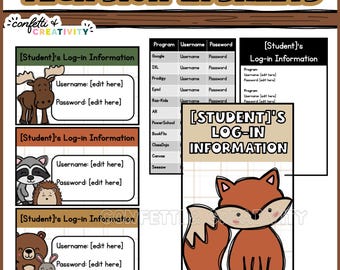 Inlogkaarten voor klaslokaaltechnologie met kampeerthema | Bewerkbare wachtwoordkaarten voor studentencomputers, rustieke lerarenorganisatie