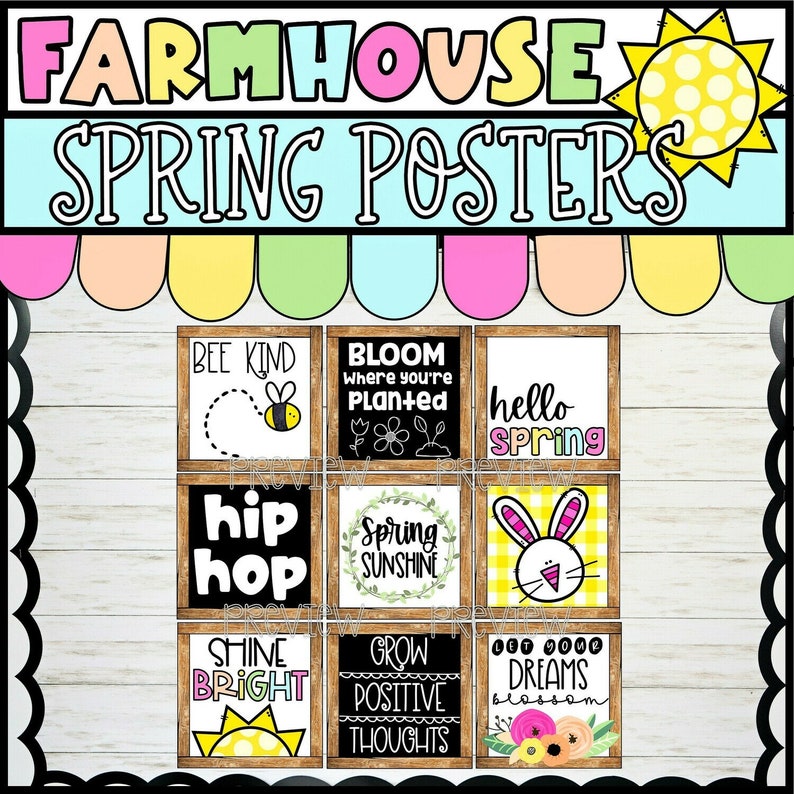 May include: Nine farmhouse-style spring posters with wood frames. The posters feature various spring-themed illustrations and text, including a bee, flowers, a bunny, and the words "Bee Kind", "Bloom Where You're Planted", "Hello Spring", "Hip Hop", "Spring Sunshine", "Shine Bright", "Grow Positive Thoughts", and "Let Your Dreams Blossom".
