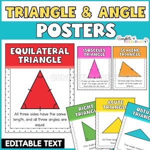 May include: A set of colorful posters titled "Triangle & Angle Posters." The posters display different types of triangles: equilateral, isosceles, scalene, right, acute, and obtuse. Each poster includes a description of the triangle's properties.