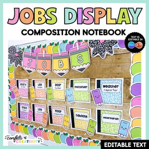 Peut inclure: Un ensemble d'affichage de tâches de classe comprenant des en-têtes en forme de crayons colorés épelant JOBS, des cartes style cahier de composition avec des titres de tâches et de petits crayons souriants avec du texte modifiable.