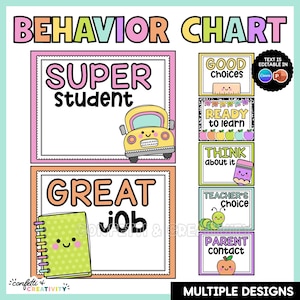 Peut inclure: Un tableau de comportement coloré avec le texte BEHAVIOR CHART en haut. Il comprend de grandes sections rectangulaires intitulées SUPER STUDENT avec un bus jaune et GREAT JOB avec un carnet vert, ainsi que des cartes pour la gestion de classe.
