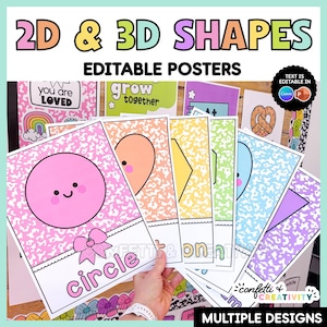 May include: A set of editable posters featuring 2D and 3D shapes with colorful, patterned backgrounds. Each poster displays a shape with a smiling face, a bow, and the name of the shape in bold letters. The text 2D & 3D SHAPES is at the top.