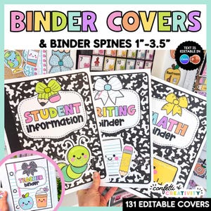 May include: A set of printable binder covers and spines featuring a black and white cow print background, colorful bows, and cartoon illustrations of school supplies. The text includes BINDER COVERS & BINDER SPINES 1"-3.5" and 131 EDITABLE COVERS.