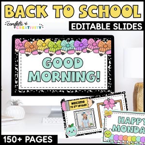 Peut inclure: Un affichage numérique de diapositives modifiables Back to School avec un message Good Morning, des graphiques colorés de crayons et de nœuds, et une bordure à motifs noirs et blancs. D'autres diapositives montrent Welcome to 2nd grade et Happy Monday.