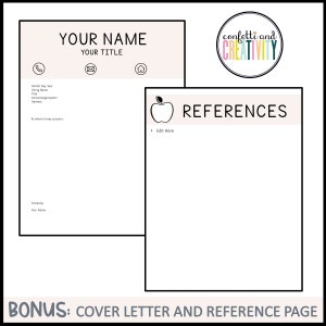 May include: A printable resume template with a red apple icon and the text "REFERENCES" at the top of the page. The template is designed for teachers and includes space for contact information, work experience, and references.