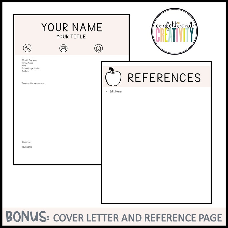 May include: A printable resume template with a red apple icon and the text "REFERENCES" at the top of the page. The template is designed for teachers and includes space for contact information, work experience, and references.