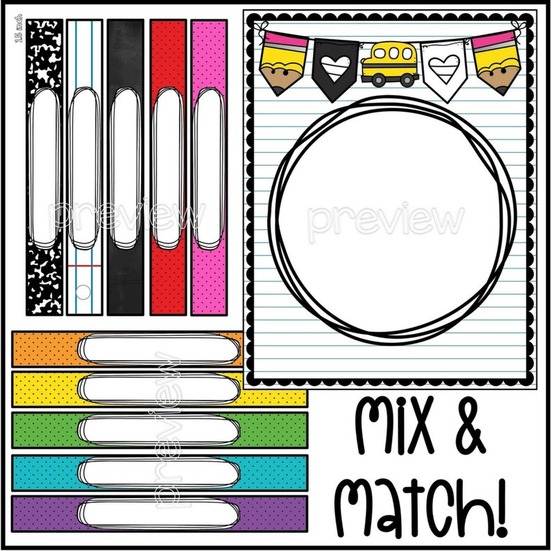 May include: A printable classroom activity with a mix and match theme. The printable features a large circle with a school bus, pencils, and hearts. There are also several blank rectangular boxes with colorful borders.