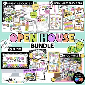 May include: An Open House bundle of printable classroom resources featuring colorful graphics of caterpillars, school supplies, and text including Parent Packet, Meet the Teacher, Scavenger Hunt, and Welcome Back to School, with editable digital files.