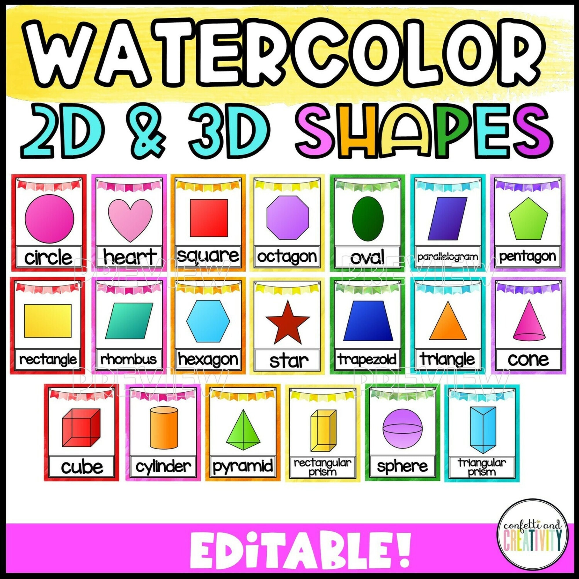 2D and 3D Shapes Posters for the Classroom Watercolor Classroom