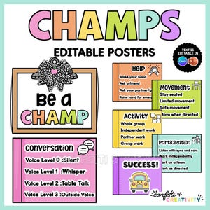 May include: A set of editable classroom posters titled CHAMPS, featuring colorful rectangular cards with text for Help, Movement, Activity, Participation, Conversation, and Success. Includes a clipboard graphic with the text Be a CHAMP.