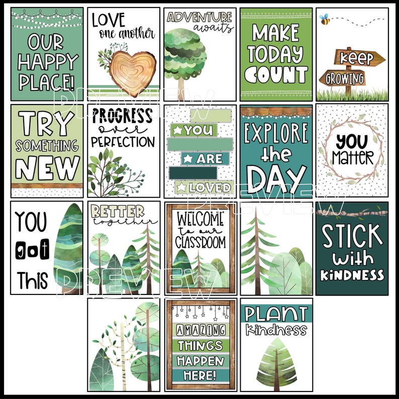 K&ouml;nnte beinhalten: Ein Satz von 16 druckbaren Klassenzimmerplakaten mit Waldmotiv. Die Poster sind in den Farben Gr&uuml;n, Braun und Wei&szlig; gehalten und enthalten motivierende Botschaften wie "Liebe einander", "Abenteuer wartet", "Lass den heutigen Tag z&auml;hlen", "Wachse weiter", "Probiere etwas Neues aus", "Fortschritt &uuml;ber Perfektion", "Du bist geliebt", "Erkunde den Tag", "Du z&auml;hlst", "Du schaffst das", "Besser zusammen", "Willkommen in unserem Klassenzimmer", "Bleib bei der Freundlichkeit", "Pflanze Freundlichkeit", und "Erstaunliche Dinge passieren hier!"