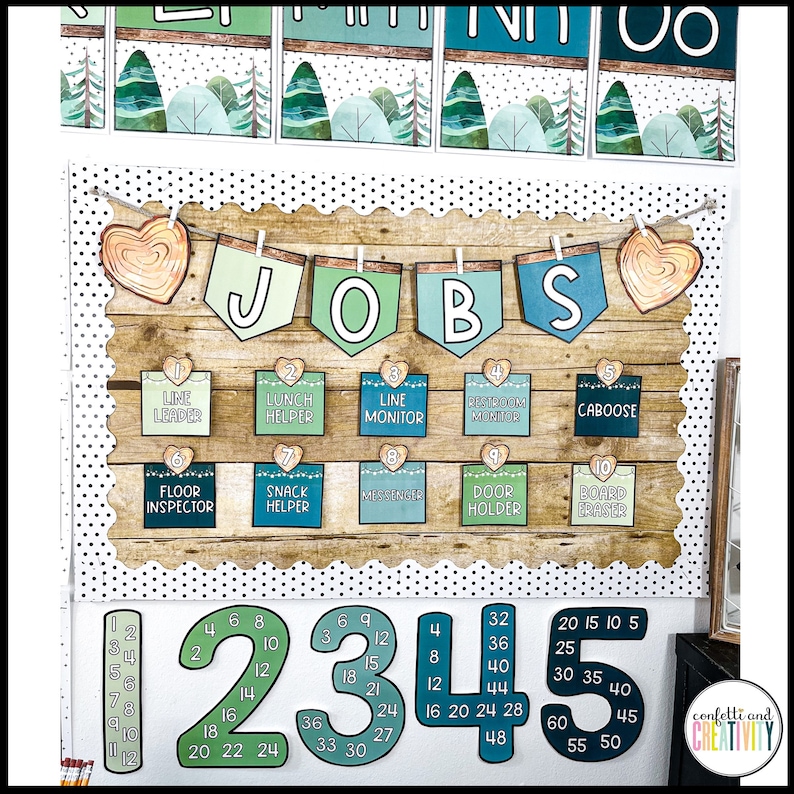 May include: A classroom notice board with a wooden background and a banner that reads "JOBS". The board is decorated with hearts, lights, and small squares with different job titles, such as "Line Leader", "Lunch Helper", and "Board Eraser". There are also large numbers from 1 to 48 on the board, with each number having a different colour.