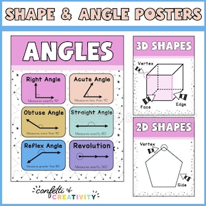 Puede incluir: Pósteres educativos titulados "Shape & Angle Posters" con diagramas de ángulos y formas 3D y 2D. La sección "Ángulos" muestra ángulos rectos, agudos, obtusos, llanos, reflejos y de revolución. La sección "Formas 3D" muestra un cubo y la sección "Formas 2D" muestra un pentágono.
