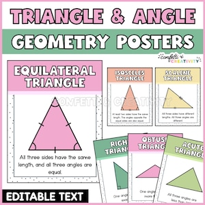Pode incluir: Pôsteres de geometria com diferentes tipos de triângulos: equilátero, isósceles, escaleno, retângulo, obtuso e agudo. Cada pôster tem um fundo colorido diferente, com o nome do triângulo e uma descrição. O texto "TRIANGLE & ANGLE GEOMETRY POSTERS" está no topo.
