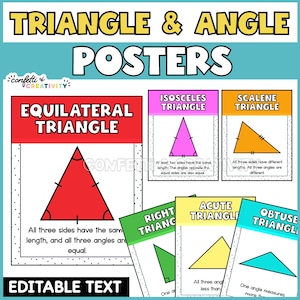 May include: Educational posters titled "Triangle & Angle Posters" featuring various triangle types: equilateral, isosceles, scalene, right, acute, and obtuse. Each poster displays a colorful triangle with descriptive text, ideal for classroom use.