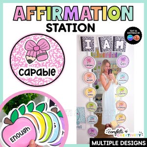May include: An Affirmation Station classroom decor set featuring circular signs with pastel patterns and positive words like capable, brave, loved, and enough. The set includes apple-shaped cutouts and a mirror display with the text I AM.