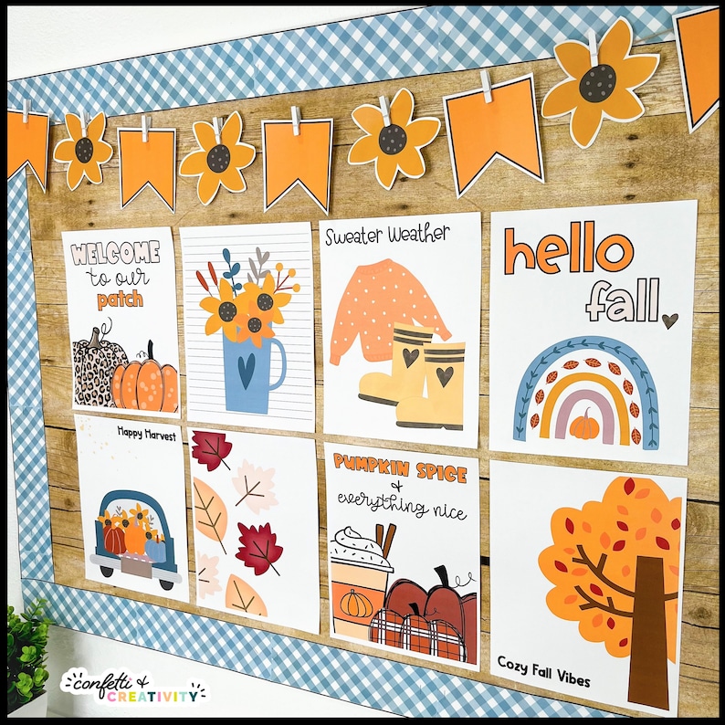 May include: A bulletin board decorated with autumn-themed classroom decor. The board features a variety of images, including pumpkins, sunflowers, leaves, and a rainbow. The text on the board includes "Welcome to our patch", "Happy Harvest", "Sweater Weather", "hello fall", "Pumpkin Spice & everything nice", and "Cozy Fall Vibes".