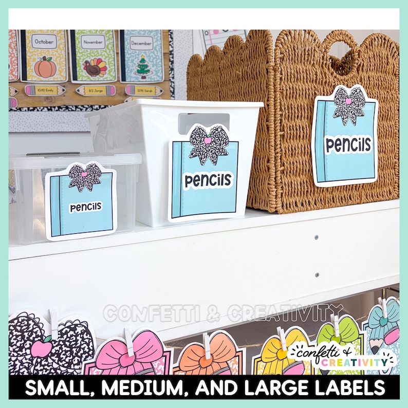 May include: Three storage containers featuring light blue rectangular labels with a black and white speckled bow graphic and the text pencils. The labels are attached to a small clear bin, a medium white bin, and a large woven brown basket.