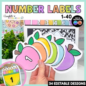 Puede incluir: Un conjunto de etiquetas numéricas imprimibles del 1 al 40 con ilustraciones de frutas coloridas y hojas verdes. El texto superior dice NUMBER LABELS 1-40 y confetti & creativity. Una insignia circular indica TEXT IS EDITABLE IN Canva P. 34 EDITABLE DESIGNS.