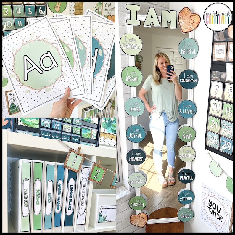 May include: A classroom decor set featuring a mirror and a range of colourful circles with positive affirmations, such as "I am capable", "I am brave", "I am loved", "I am joyful", "I am honest", "I am important", "I am enough", "I am helpful", "I am courageous", "I am a leader", "I am kind", "I am amazing", "I am playful", "I am strong", "I am unique". The set also includes a wooden heart with a wood grain pattern and the text "I AM" in green letters.