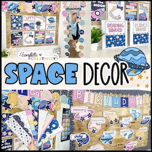 Puede incluir: Un conjunto de decoración de aula con temática espacial que incluye una pancarta que dice "Cumpleaños", planetas, estrellas y un cohete. La decoración es en tonos azules, rosas y amarillos.