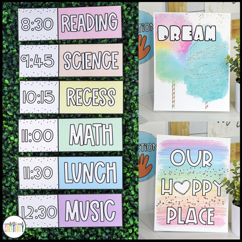 May include: A set of colourful classroom posters with a daily schedule and motivational quotes. The schedule includes times for reading, science, break, maths, lunch, and music. The motivational posters say "Dream" and "Our Hoppy Place".