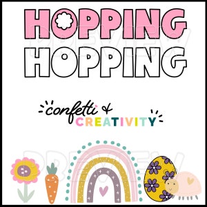 Pu&ograve; includere: Un design stampabile con il testo "Hopping Hopping" in lettere rosa e bianche con contorno nero. Il design include anche un arcobaleno, un fiore, una carota e una coccinella con un uovo.