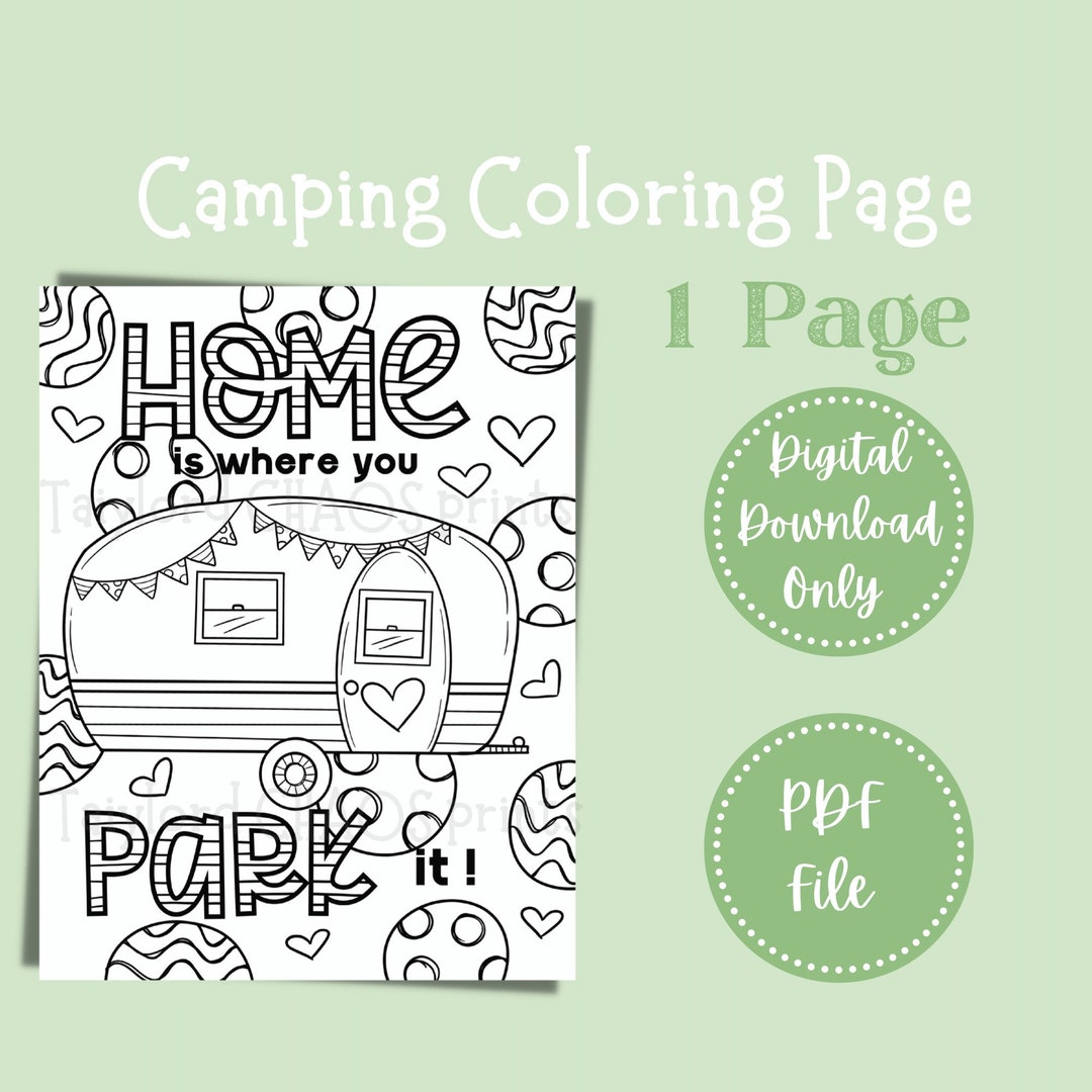 Happy Camper Coloring Page, Camping Coloring, Adult Coloring Page, Kids Coloring Page, Pdf Etsy
