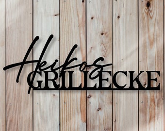 Schriftzug "Grillecke" mit Namen personalisiert | Wanddeko Grillplatz | Dekoration aus Holz | 3D Schriftzug aus Holz