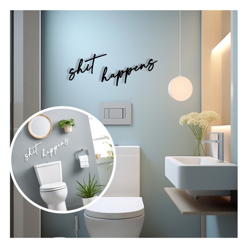 Schriftzug 3D aus Holz shit happens Wanddeko Badezimmer lustiges Türschild WC Toilette Badezimmerdeko Gäste WC Geschenkidee Bild 1