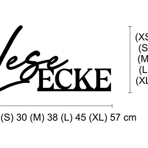 May include: Black and white graphic design with the text "Leserecke" and size chart in centimetres. The graphic design features a stylized cursive font for "Leserecke".