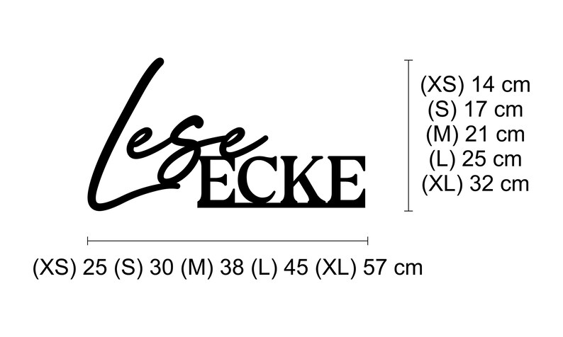 May include: Black and white graphic design with the text "Leserecke" and size chart in centimetres. The graphic design features a stylized cursive font for "Leserecke".
