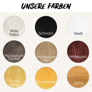 May include: A chart showing nine different wood stain colors, including Birch Natural, Black, White, Walnut Dark, Walnut Light, Mahogany, Beech Honey, Cherry, and Oak.