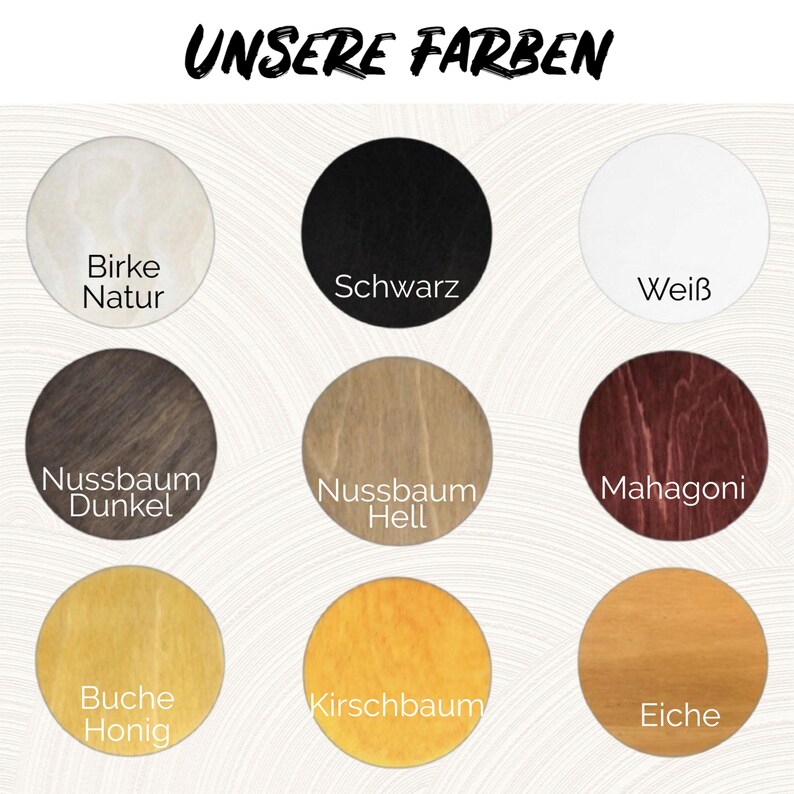 May include: A chart showing nine different wood stain colors, including Birch Natural, Black, White, Walnut Dark, Walnut Light, Mahogany, Beech Honey, Cherry, and Oak.