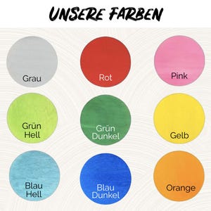 May include: A chart showing nine different colors with their names in German. The colors are gray, red, pink, light green, dark green, yellow, light blue, dark blue, and orange.