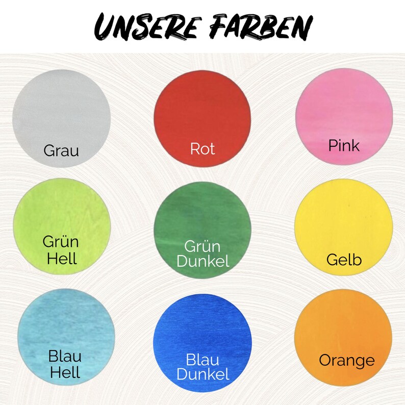 May include: A chart showing nine different colors with their names in German. The colors are gray, red, pink, light green, dark green, yellow, light blue, dark blue, and orange.
