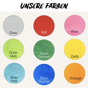 May include: A chart showing nine different colours with their names in German. The colours are grey, red, pink, light green, dark green, yellow, light blue, dark blue, and orange.
