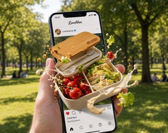 May include: A smartphone displaying a social media post of a beige bento lunchbox with a bamboo lid, containing cherry tomatoes and a salad. The lunchbox appears to float out of the screen, surrounded by floating food particles and dressing.