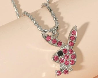 Rhinestone Playboy Bunny Chain ~ Thin Stainless Steel Chain Playboy Necklace