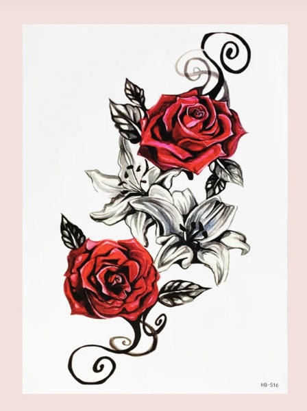 Black and White With Red Roses Temporary Tattoo. Fairy - Etsy New Zealand