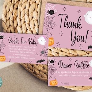 Paquete de tarjetas de baby shower de Halloween para niñas / Libros de Halloween para bebés / Rifa de pañales de Halloween / Tarjeta de agradecimiento de Halloween