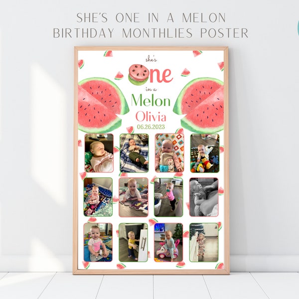 She's One In A Melon Birthday Monthlies Poster | One In A Melon Monthly Photo Sign | Watermelon First Birthday Monthly Picture Board