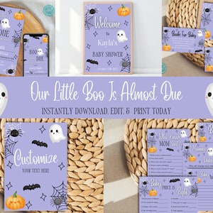 Our Little Boo Is Almost Due Baby Shower Bundle Templates | Halloween Baby Shower Invitations and Décor | Boy Halloween Baby Shower