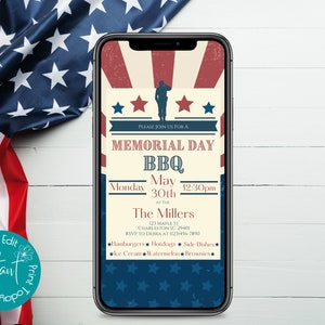 d'invitation téléphonique pour barbecue du Memorial Day | Invitation de barbecue du Memorial Day | Modèle d'invitation numérique pour la célébration du Memorial Day